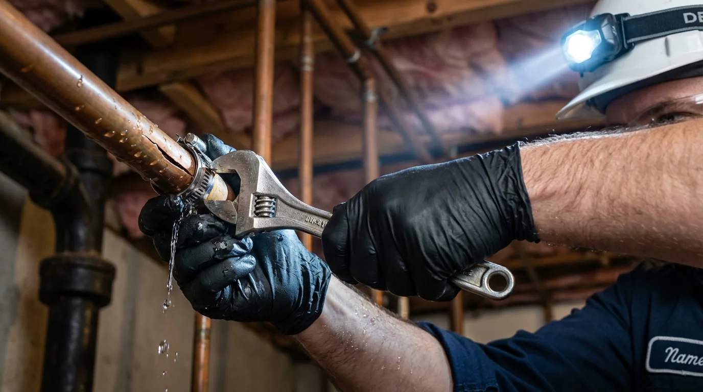 Emergency pipe clamp repair being performed by a Johns Plumbing LLC plumber in Jefferson City