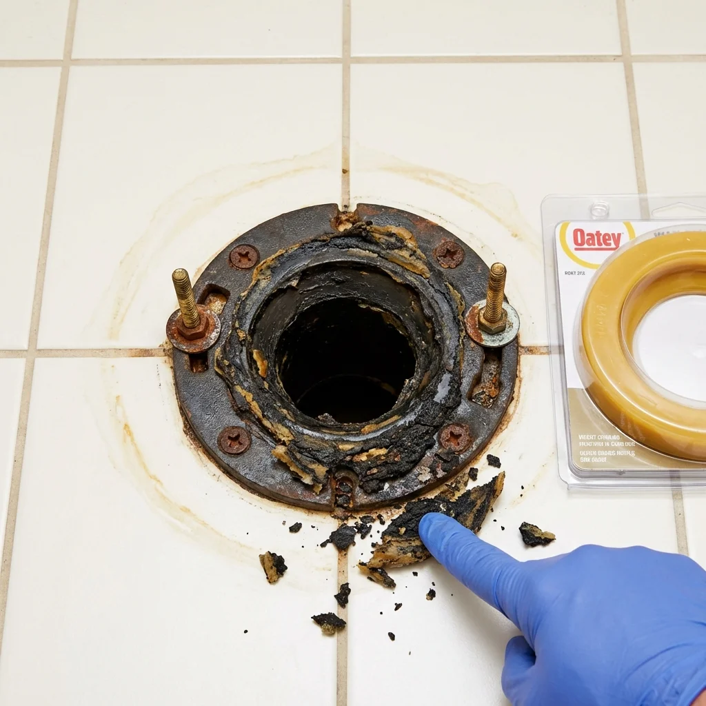 Failed wax ring showing water seepage at the base of a toilet in a Jefferson City, TN home