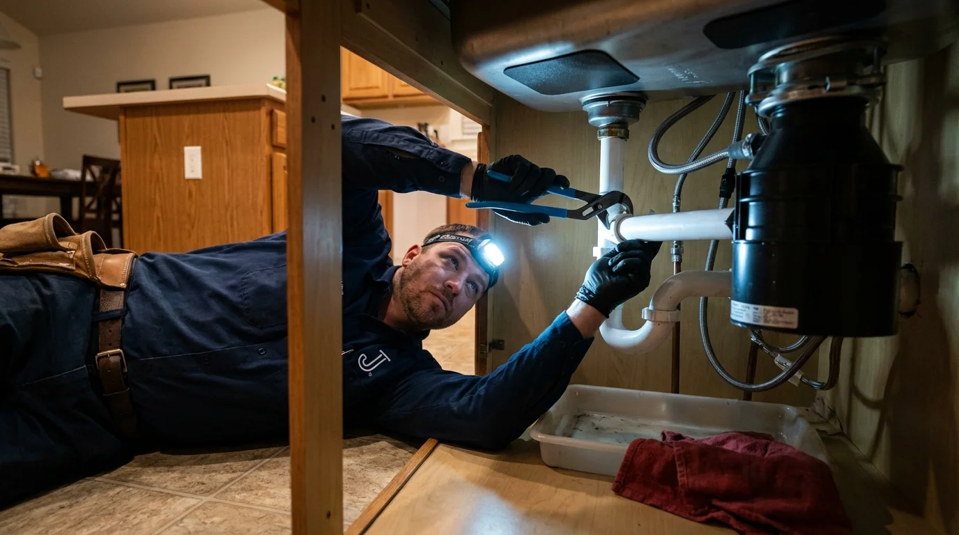 P-trap and supply line connections under a kitchen sink showing a common leak point in Jefferson City, TN